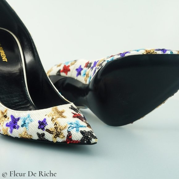 Saint Laurent Palace 105 White Sequin High Heels - Picture 9 of 9